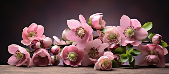 Poster - elegant pink flowers arranged beautifully on a wooden table in a brightly lit room