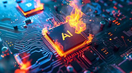 Poster - Advanced computer processor chip with AI acceleration is burning in dark digital environment.