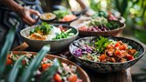Fototapeta  - Indian Salad Bar at Outdoor Event in Ibiza, To promote a healthy, sustainable lifestyle and market fresh, organic produce and ingredients