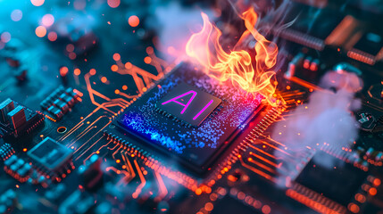 Poster - Advanced computer processor chip with AI acceleration is burning in dark digital environment.