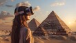 Woman Exploring Pyramids with VR Headset in Historical Style, This image showcases the potential of virtual reality technology in education, offering