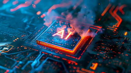Poster - Advanced computer processor chip with AI acceleration is burning in dark digital environment.