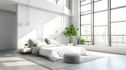 Wall Mural - Modern White Master Bedroom with Plants and Sunrays, To showcase a modern and relaxing master bedroom design that incorporates natural elements and a