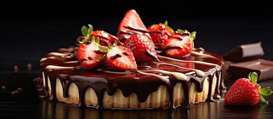 Canvas Print - Decadent Chocolate Cake Covered with Fresh Juicy Strawberries and Rich Chocolate Drizzle