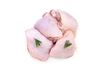 Wall Mural - Raw chicken thigh with rosemary isolated on white background.