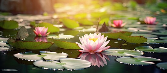 Wall Mural - Tranquil Pink Lotus Blossoming Serenely in a Calm and Reflective Pond