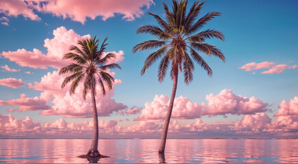 Wall Mural - Palm tree on the background of a beautiful sunset and water