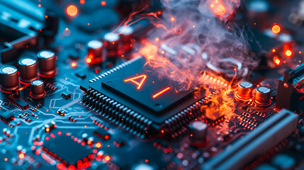 Poster - Advanced computer processor chip with AI acceleration is burning in dark digital environment.