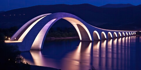 Wall Mural - In the stillness of the night, the river bridge's lights cast a mesmerizing reflection, painting the water's surface with a radiant glow