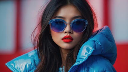 Wall Mural - Fashion asian girl with a blue glowing neon puffer jacket and modern glasses