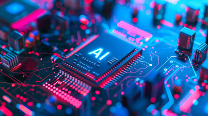 Poster - Advanced computer processor chip with AI acceleration in dark digital environment.