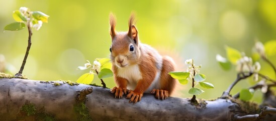 Wall Mural - Curious Squirrel Perched on a Branch Observing the Woodland Scenery