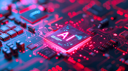 Poster - Advanced computer processor chip with AI acceleration in dark digital environment.