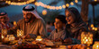 Joyous Family Gathering for Ramadan Iftar. Happy family enjoying a traditional Iftar meal during Ramadan, with festive lights and decorations.