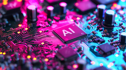Poster - Advanced computer processor chip with AI acceleration in dark digital environment.