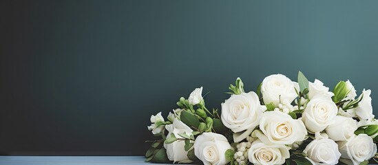 Wall Mural - Elegant White Roses and Lush Green Leaves Arranged on Vibrant Blue Background