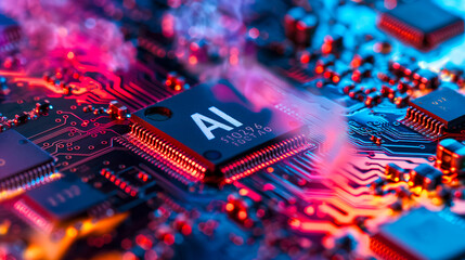 Poster - Advanced computer processor chip with AI acceleration is burning in dark digital environment.