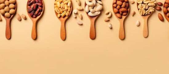 Sticker - Variety of Healthy Nuts Arranged on Rustic Wooden Spoons for Nutritious Snack Options