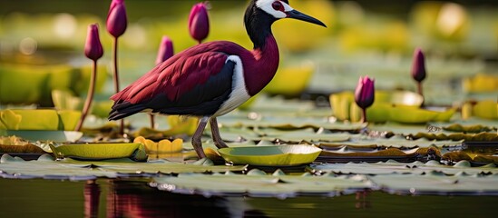 Poster - Graceful Avian Elegance: A Bird's Serene Moment Amidst Aquatic Lily Pads