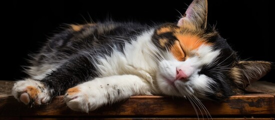 Poster - Content Cat Rests Peacefully on Rustic Wooden Table in Cozy Home Setting