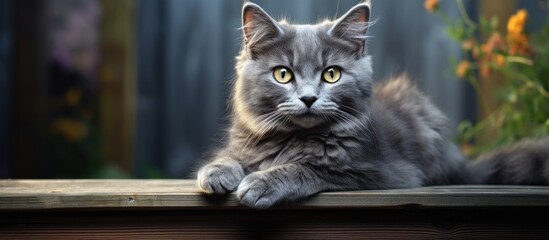 Wall Mural - Relaxed Tabby Cat Basks in Sunlight on Rustic Wooden Ledge