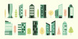Minimal residential buildings. Geometric cityscape with skyscrapers and trees, simple flat city constructor. Vector set