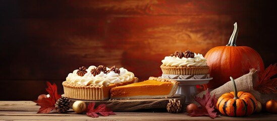 Wall Mural - Delicious Autumn Dessert: Pumpkin Pies Topped with Luscious Whipped Cream