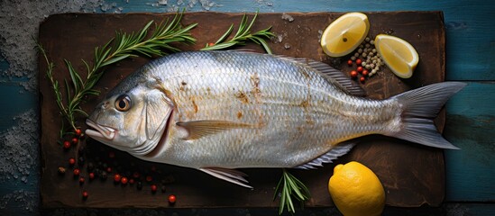 Poster - Freshly Caught Fish Prepared for Cooking with Zesty Lemons and Fragrant Rosemary