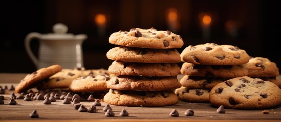 Poster - Delicious Homemade Chocolate Chip Cookies with Rich Chocolate Chips on Wooden Table