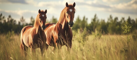 Poster - majestic horses grazing serene meadow under trees in summer nature scene