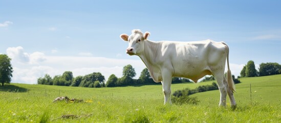 Poster - majestic cow grazing in lush green pasture under sunny blue sky
