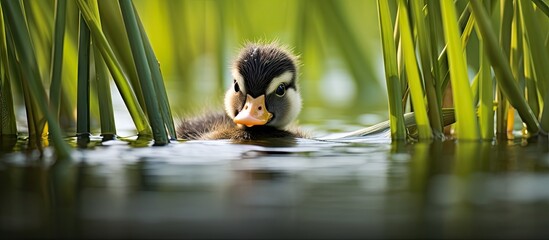 Poster - Serene Duck Gliding peacefully in a Tranquil Pond Surrounded by Lush Greenery