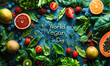 Celebration of World Vegan Day with a variety of fresh fruits and vegetables artistically arranged around the central text on a vibrant blue background