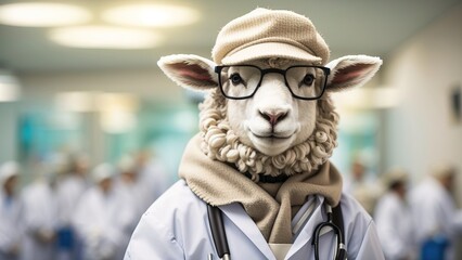 Sheep become doctor, wearing glasses and hat