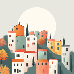 Wall Mural - A painting of a town with a full moon in the background