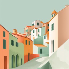 Wall Mural - A painting of a town with a mountain in the background
