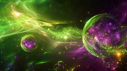 Wall Mural - Cosmic acid green beautiful and rich background with purple spheres. Futuristic abstract wallpaper, trendy neon colors. Vibrant backdrop for music album cover, poster, banner design. Modern art concep