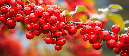 Sticker - Vibrant Red Berries Adorning Tree Branch in Autumn Garden - Nature's Beauty Close Up