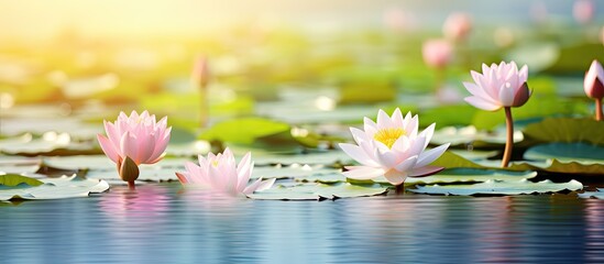 Poster - Serene Beauty: Pink Water Lilies Drift Gracefully on a Tranquil Pond