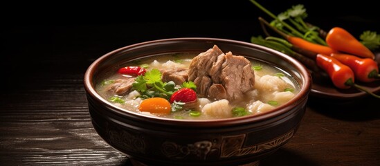 Wall Mural - Hearty Bowl of Homemade Soup with Fresh Meat and Colorful Vegetables for Comforting Meal