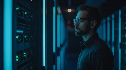 Poster - cyber security expert or IT engineering working at data server of technology company, digital data security analysis modern cyber tech network 
