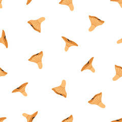 Poster - Chanterelles, seamless pattern. Autumn mushrooms, endless background. Fall fungus, forest fungi food, repeating print, texture design. Flat graphic vector illustration for wrapping, textile, fabric