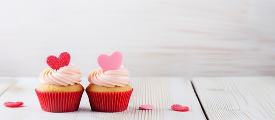 Wall Mural - Sweet Delights: Two Pink-Frosted Cupcakes Adorned with Heart Toppings