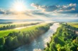 Scenic summer background. Sunbeams on river nature aerial view. Scenery sunny landscape. Amazing bright sunlight over river. Sun rays on green misty Generative AI