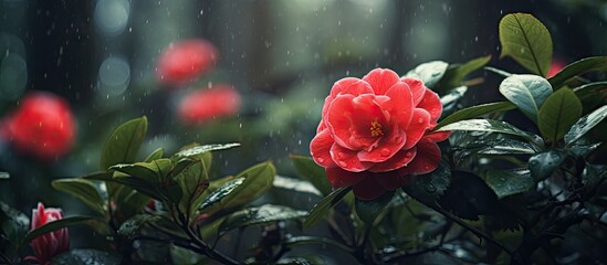 Poster - Vibrant Red Flower Blooms Majestically under the Refreshing Raindrops in Nature's Embrace