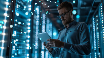 Poster - cyber security expert or it engineering holding a tablet working at data server of technology compan