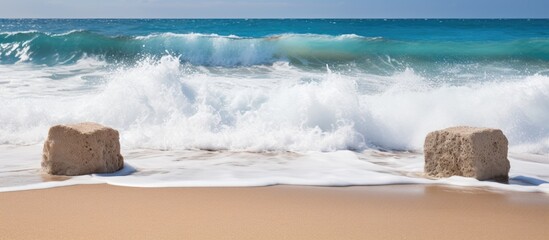 Poster - Majestic Ocean Wave crashes powerfully on Sandy Beach Shoreline