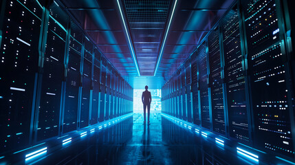 Poster - person standing in a data center, modern digital data management server technology 