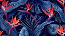 Exotic Tropical Flowers Bird Of Paradise (strelitzia) Red Color Blue Palm Leaves Dark Night Jungle Background Seamless Vector Pattern Beach Illustration