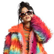© SuperPixel Inc - Front view mid body shot of an elegant female Asian model wearing a colorful fur coat with sunglasses on a white transparent background